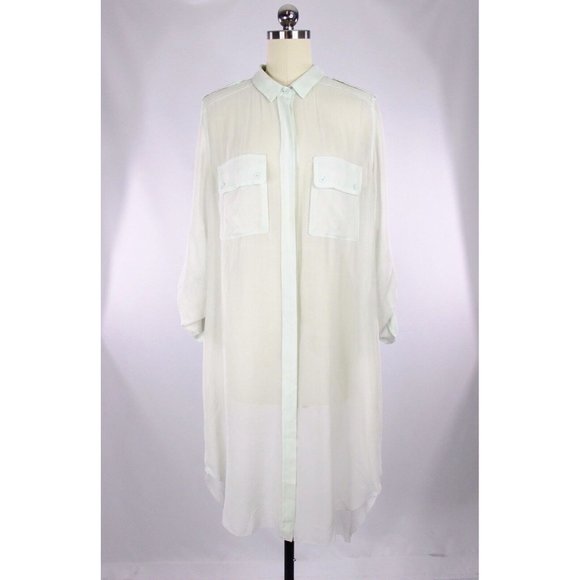 Aritzia WILFRED Baye Pale Mint Sheer Silk Georgette Tunic Shirt Dress, Size M